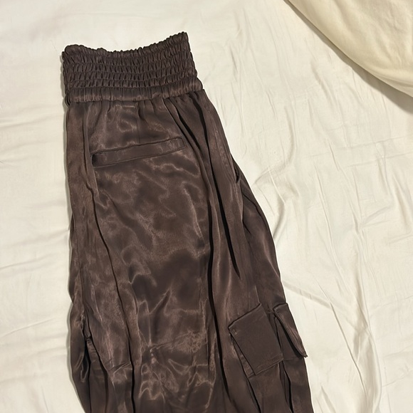 Chocolate brown satin cargo pants from Anthropologie with elastic ankles - Picture 5 of 6